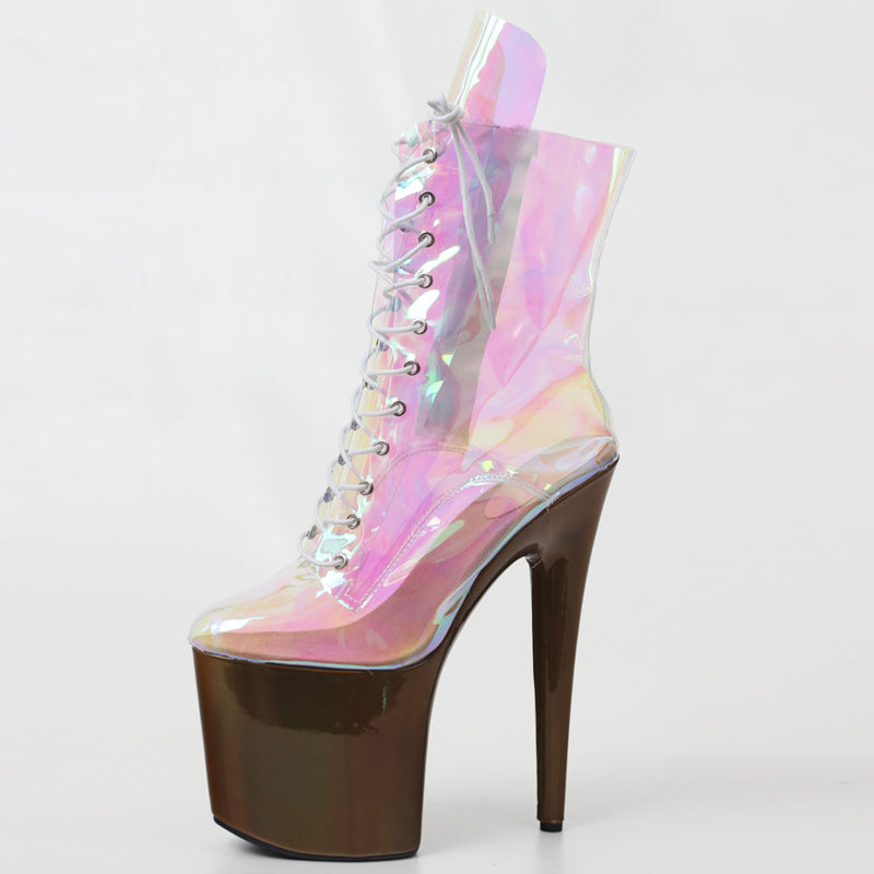 Holographic high-heeled platform boot on a white background