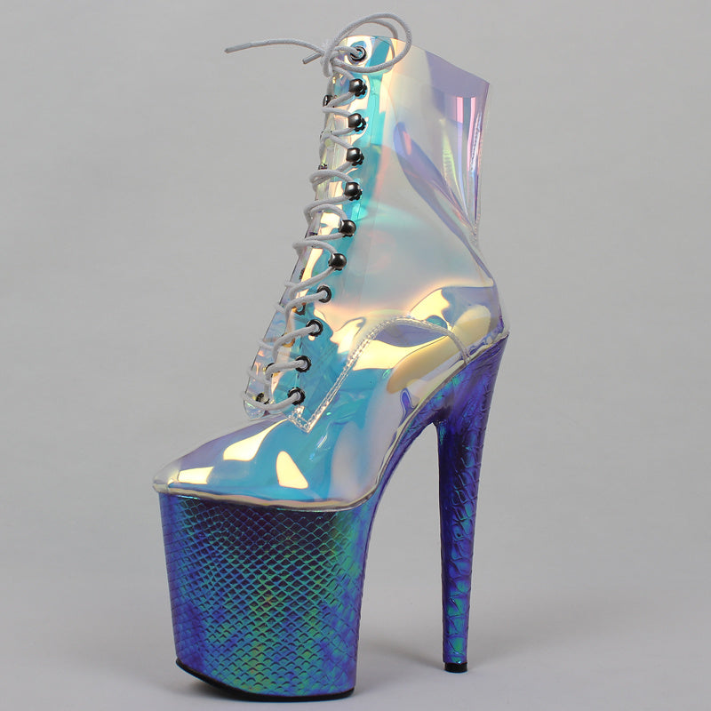 Holographic high-heeled shoe with clear lace-up design on a gray background