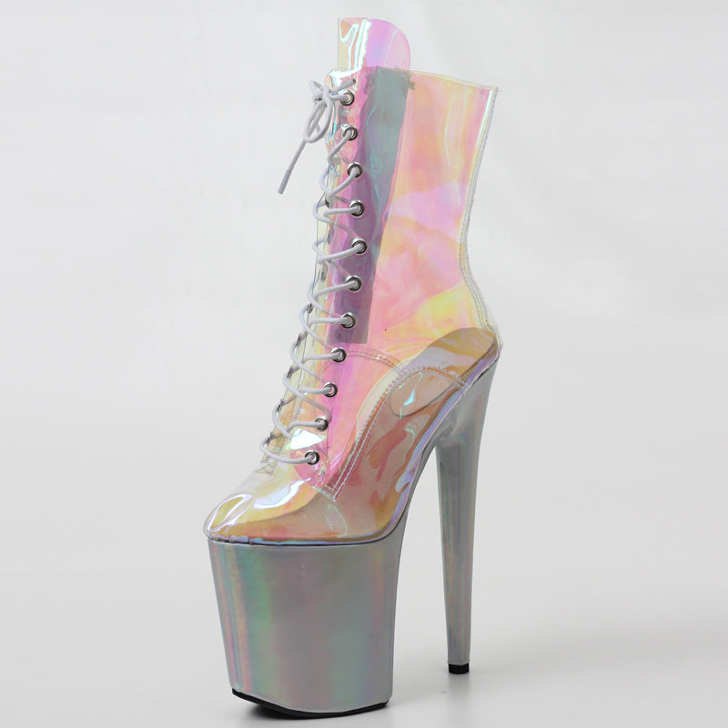 Holographic high-heeled platform boot on a light gray background