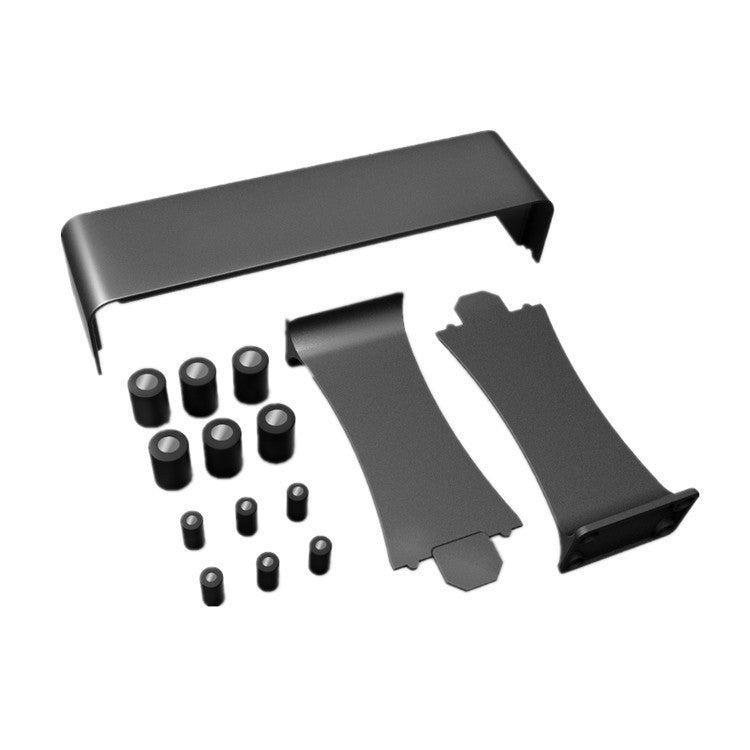 Set of black metal brackets and fasteners on a white background
