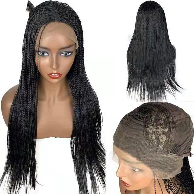 Black braided wig on a mannequin head with close-up views of the hair and lace front.