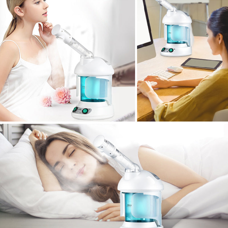 Collage of a woman using a humidifier in different settings: at home, at a desk, and in bed.