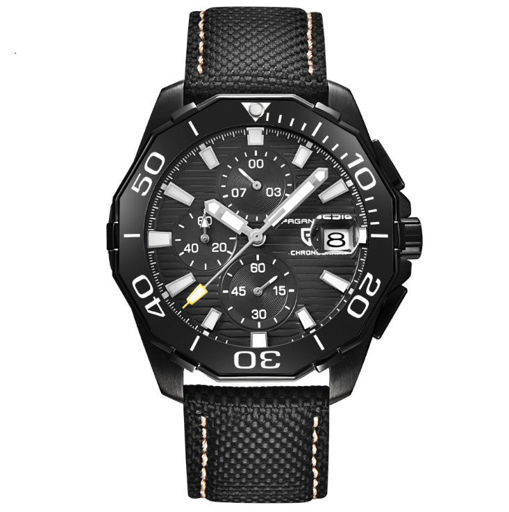 Black wristwatch with detailed face on a white background