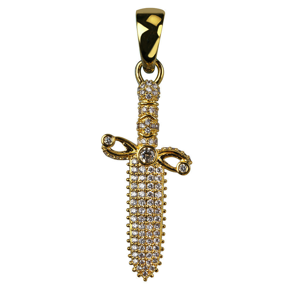 Gold and diamond-studded dagger pendant on a white background