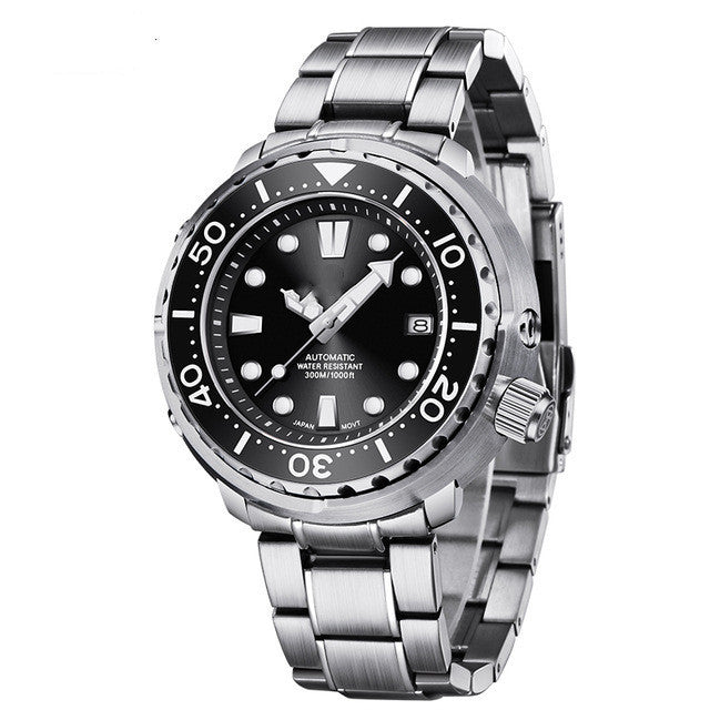 Silver wristwatch with black dial on a white background