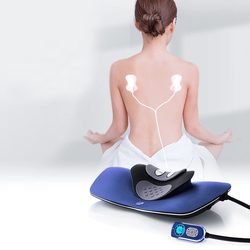 Person using a back massager with a white background