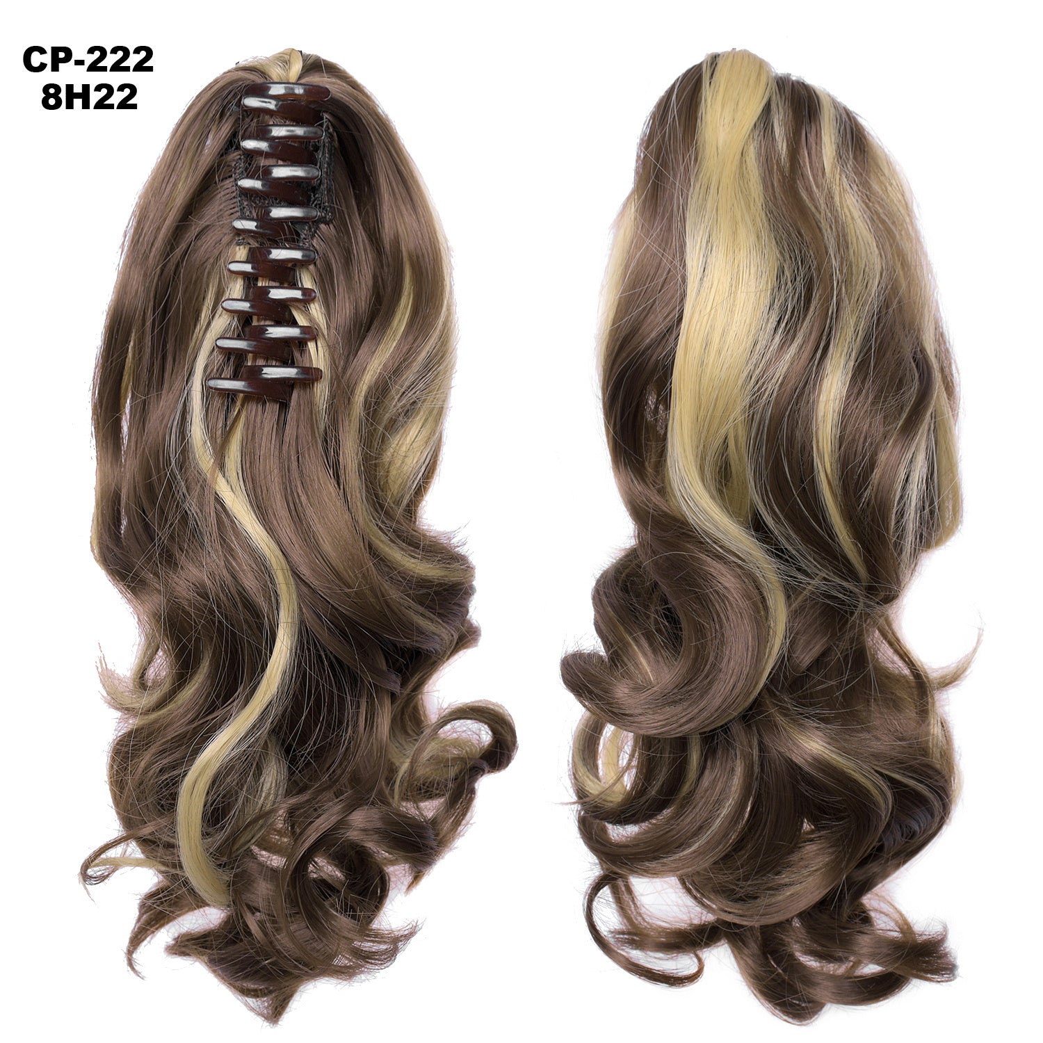 Two hair extensions with wavy curls on a white background, labeled CP-222 and 8H22.