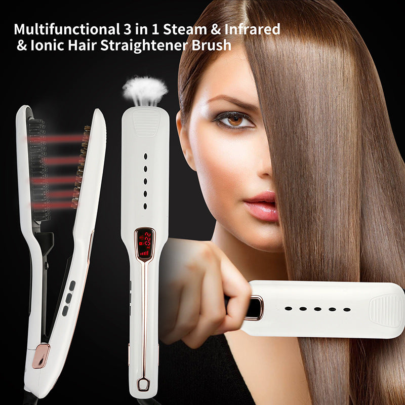 Multifunctional 3-in-1 steam and infrared Ionic hair straightener brush with a woman using it.
