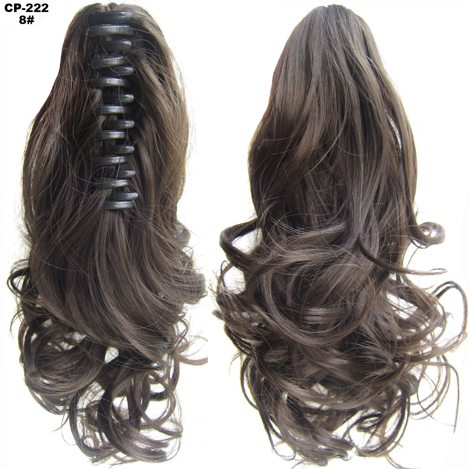 Brown hair extension with a clip on the left and styled on the right against a white background.