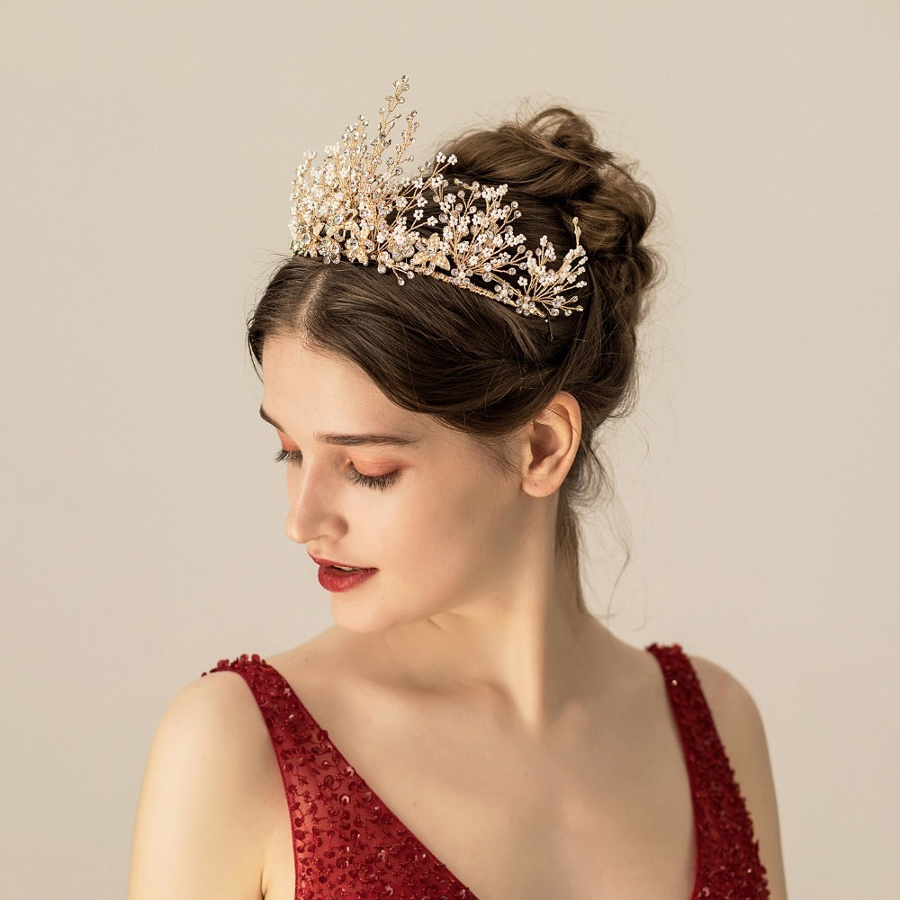 Multi-Layer Rice Beads Rhinestone Bridal Crown – Golden
