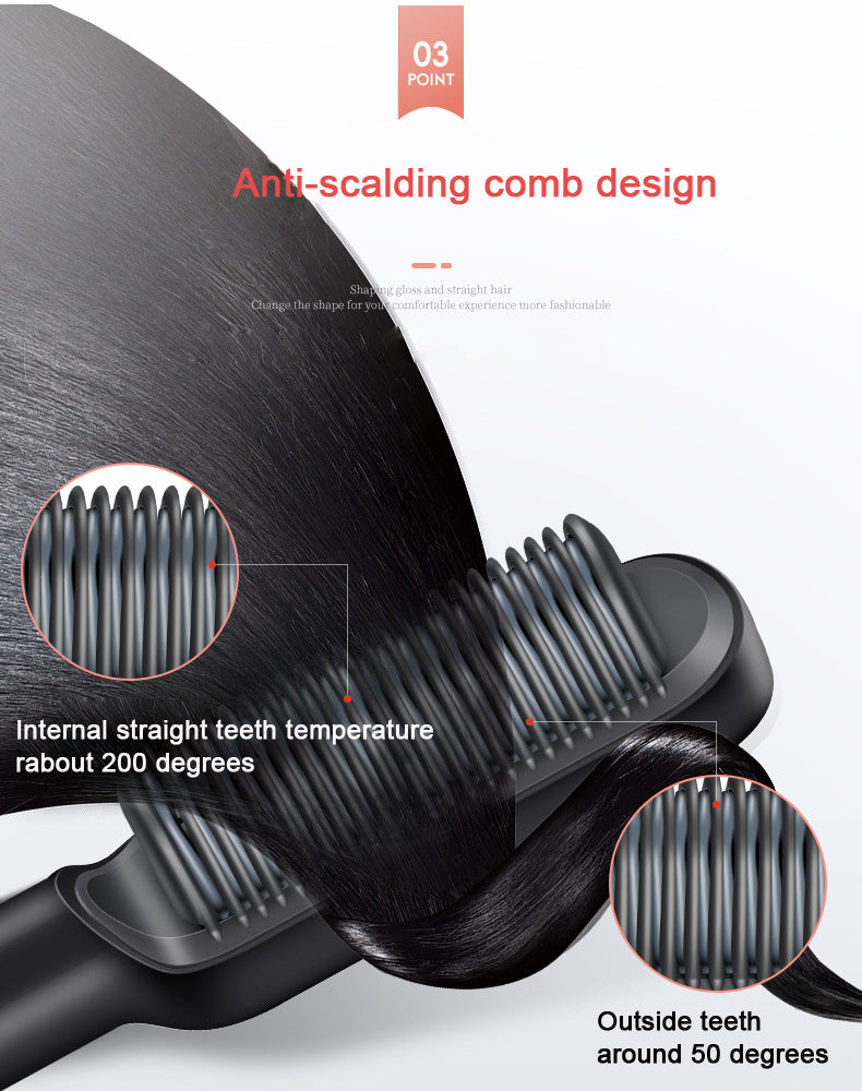 Hair straightening comb with anti-scalding design features on a white background