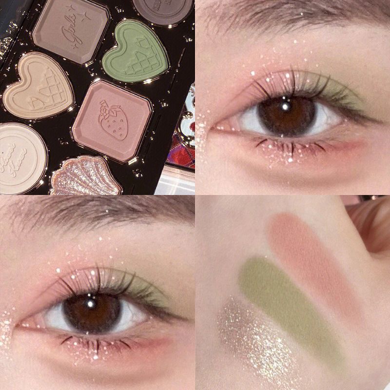 Makeup palette with heart-shaped cases, close-ups of eyes and blush application.