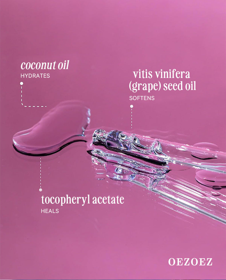 Product packaging with text about ingredients on a pink background, featuring the brand 'OEZOEZ'.