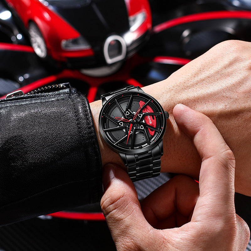 Person wearing a black wristwatch with a car in the background