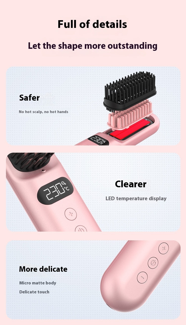 Hair styling tool with digital display and safety features on a light pink background