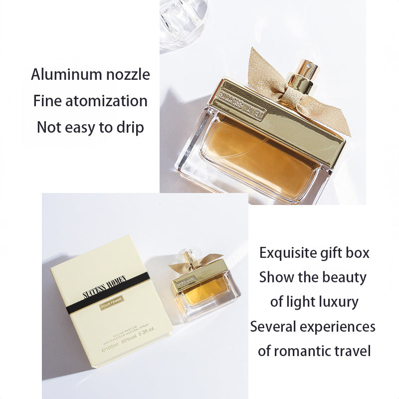Perfume bottle with gold cap and clear box on a white background