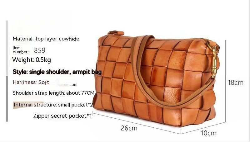 Brown woven handbag with measurements on a white background