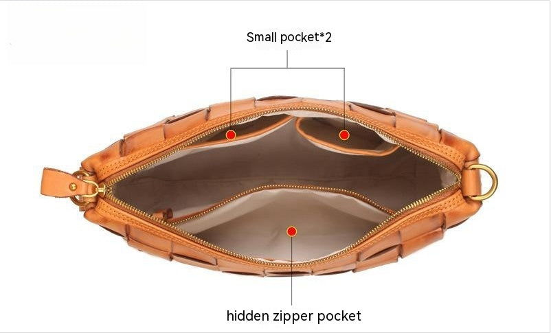Brown handbag with labeled pockets on a white background
