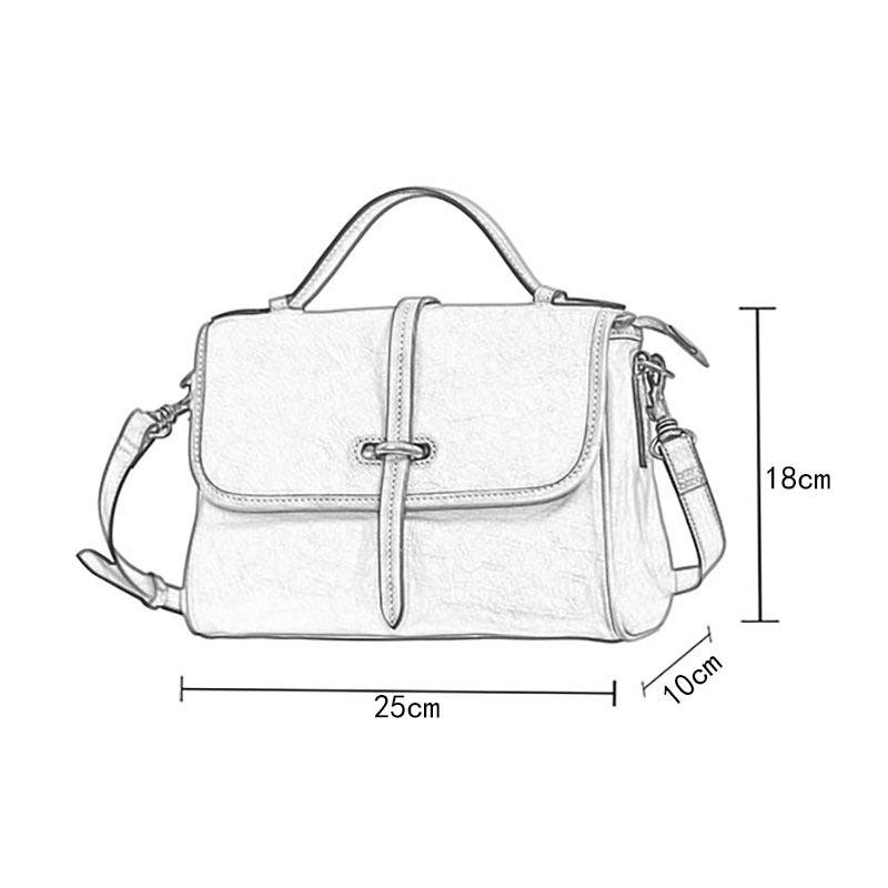 White handbag with dimensions labeled on a white background