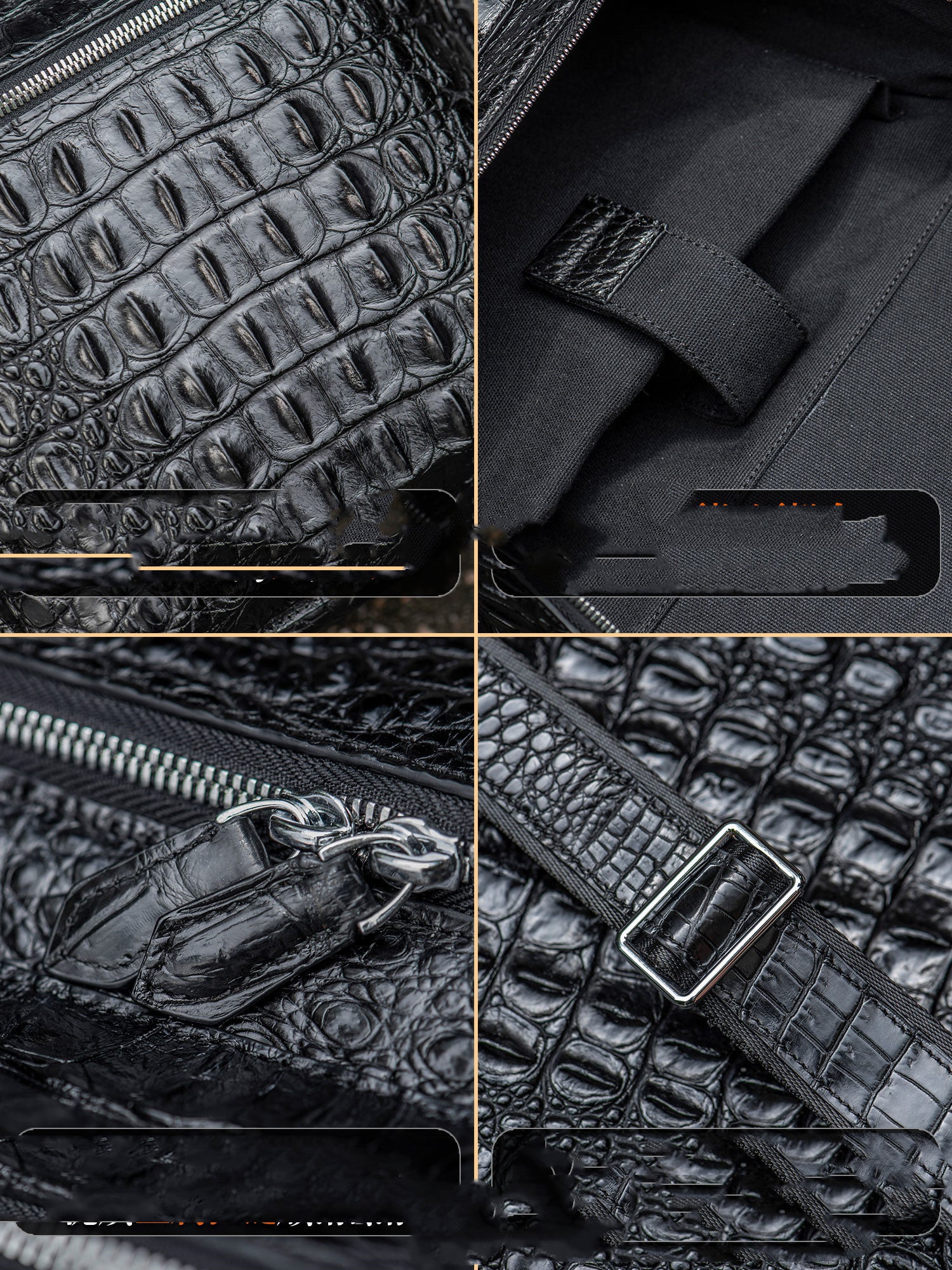 Collage of close-up details of a black textured bag with zipper and buckle.