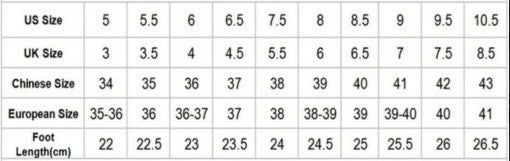 Size conversion chart from US, UK, Chinese, and European sizes to foot length.