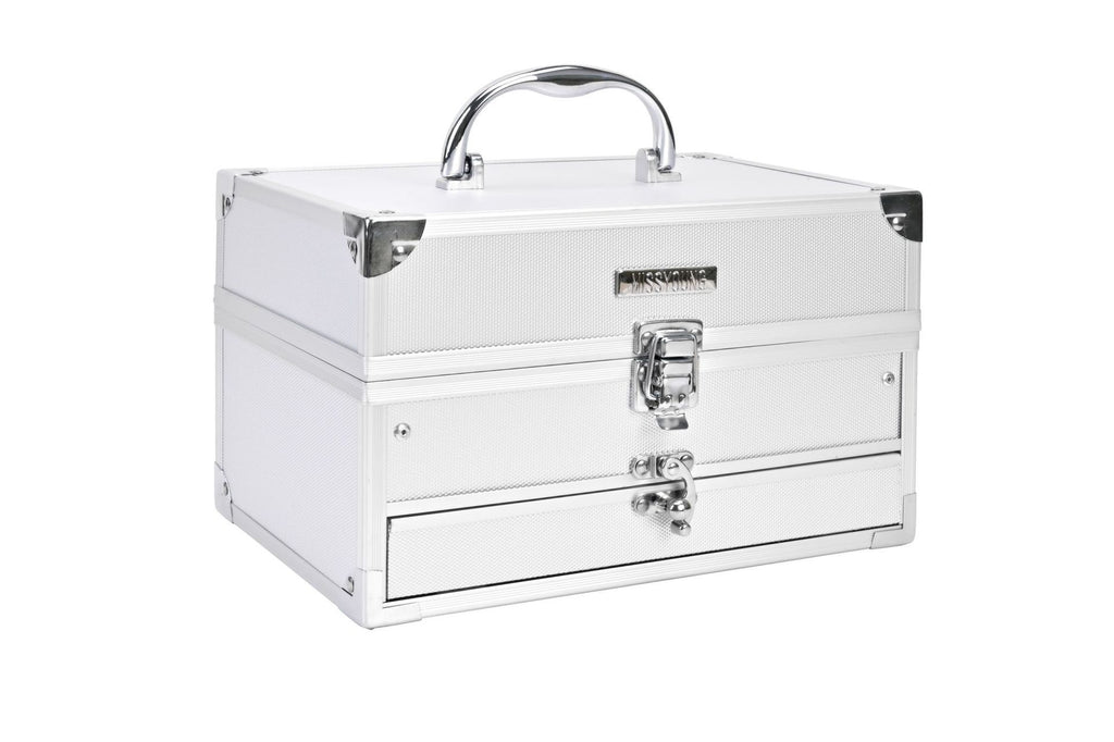 Metallic silver jewelry box with a handle on a white background