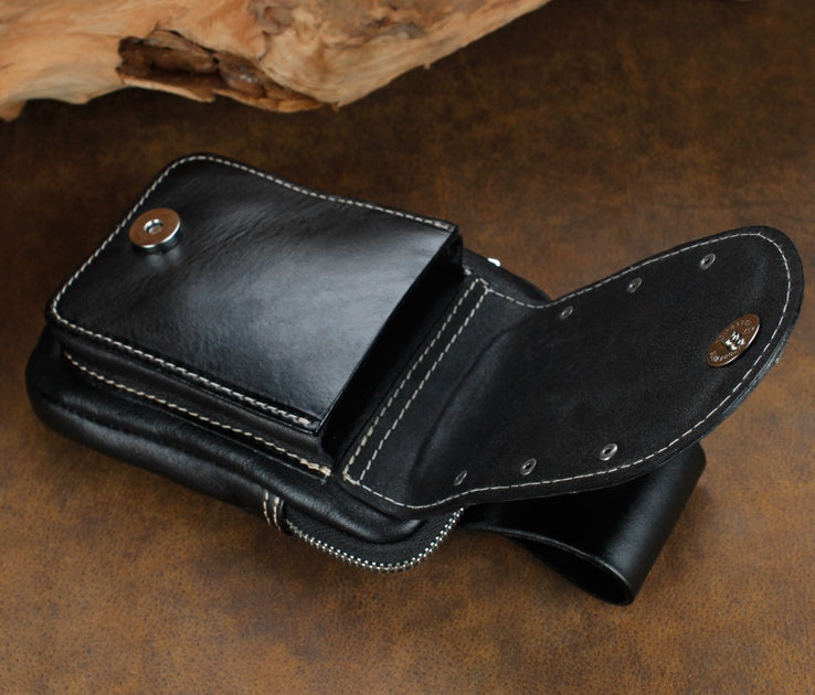 Black leather wallet on a brown surface