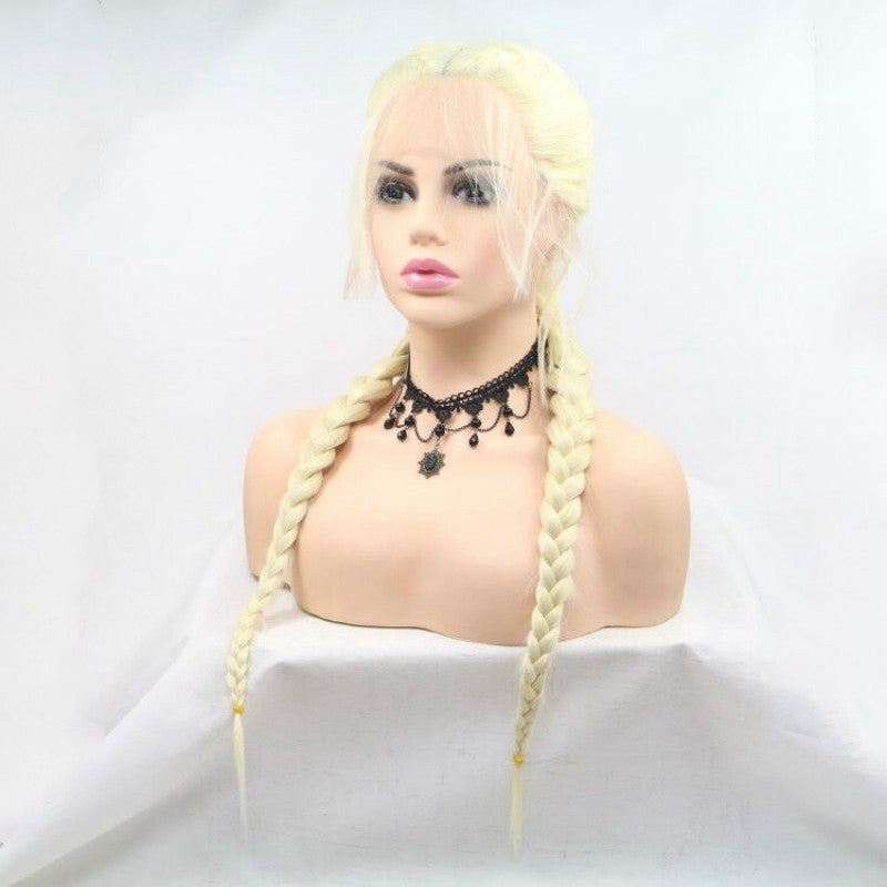 Mannequin head with blonde braided wig on a white background