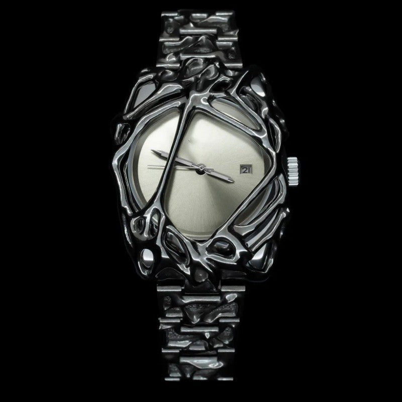 Silver wristwatch with intricate design on a black background