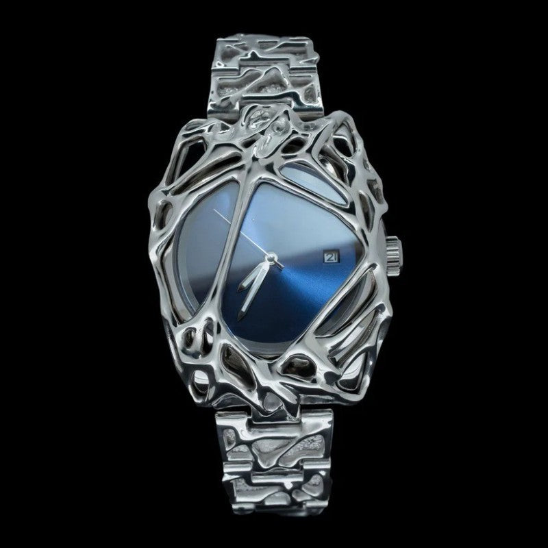 Silver watch with intricate design on a black background