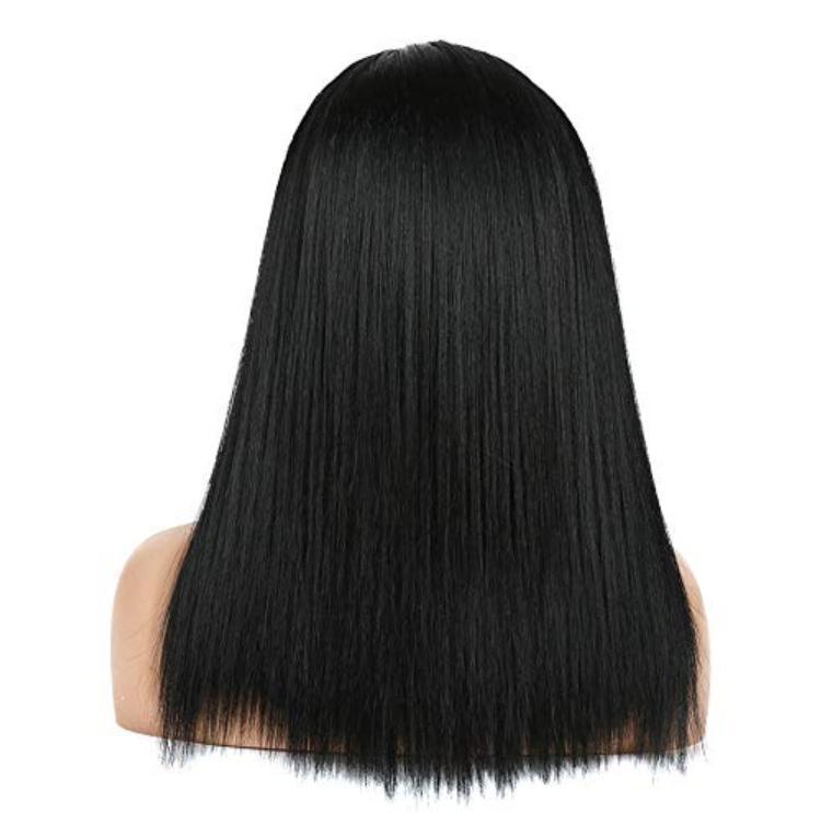 Black straight wig on a mannequin head with a white background