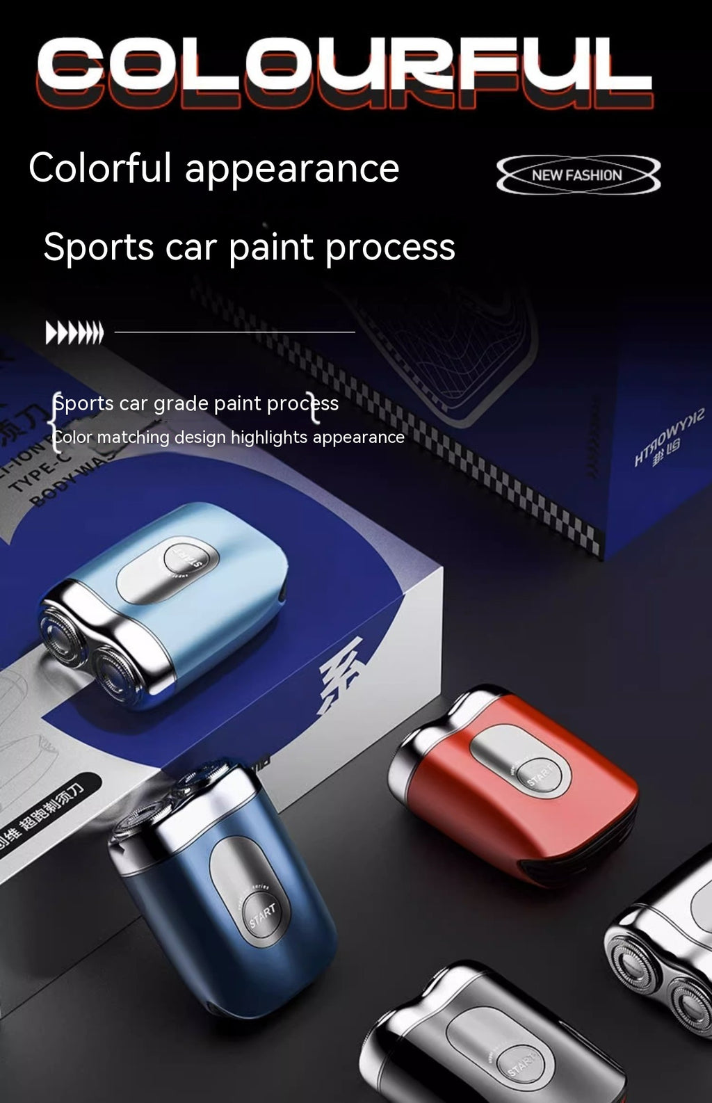 Shaving machine with blue, red, and silver finishes on a dark background with text about colorful appearance and sports car paint process.
