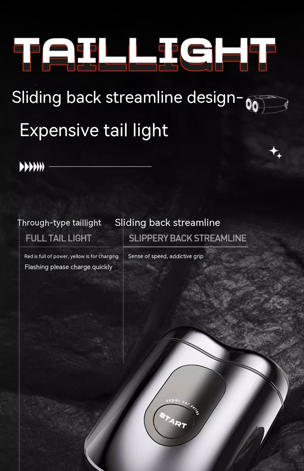 Advertisement for a tail light with sliding back streamline design on a dark background.