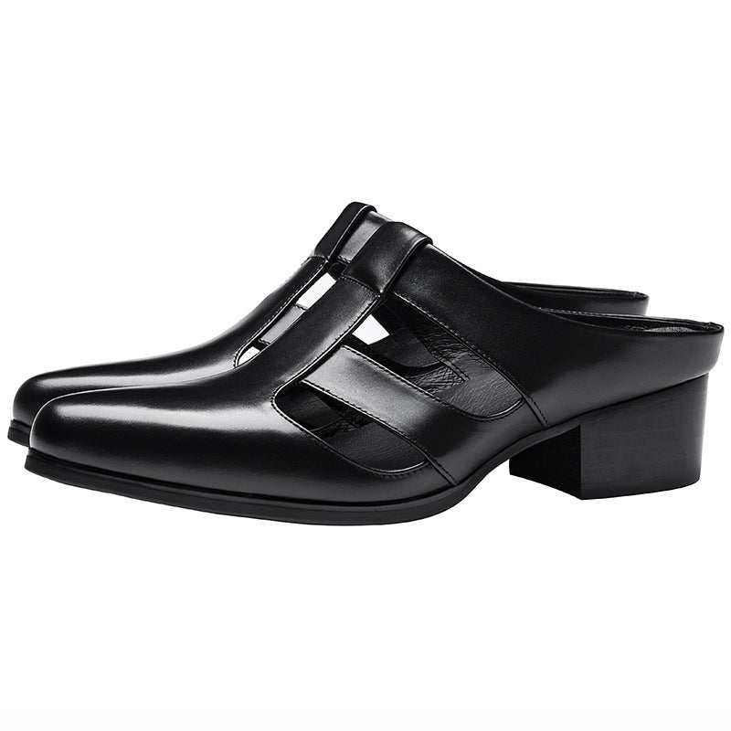 Black leather shoes with a strap on a white background