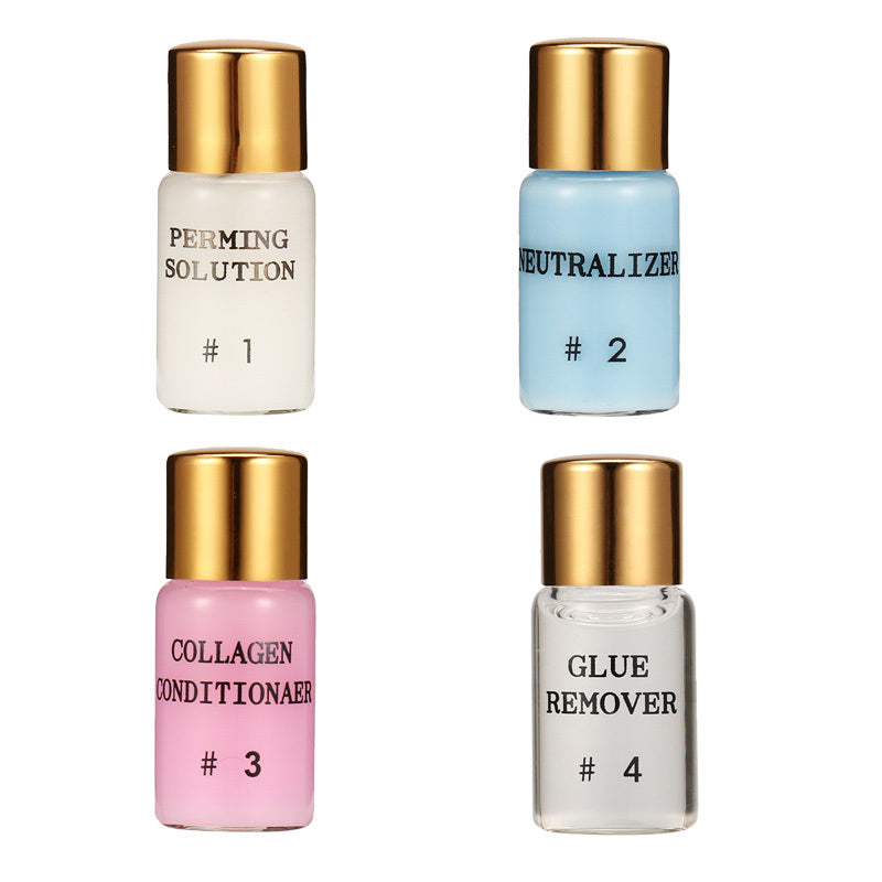Four small bottles labeled 'Perming Solution', 'Neutralizer', 'Collagen Conditioner', and 'Glue Remover' on a white background.