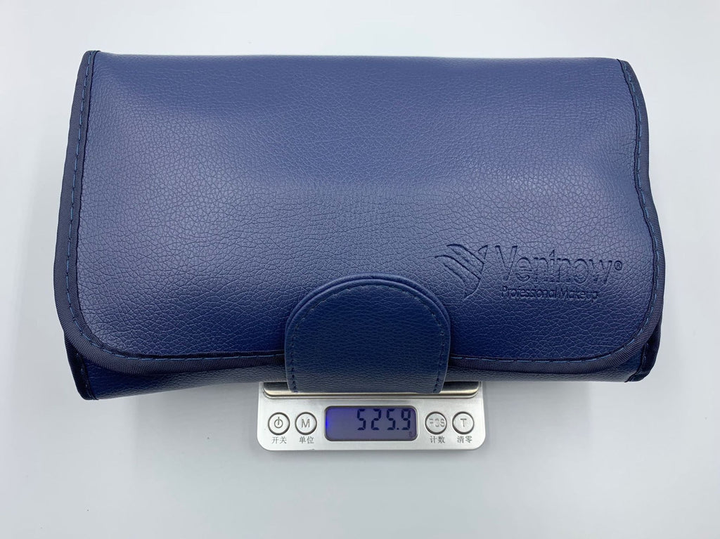 Blue leather wallet with a digital scale displaying weight on a white background