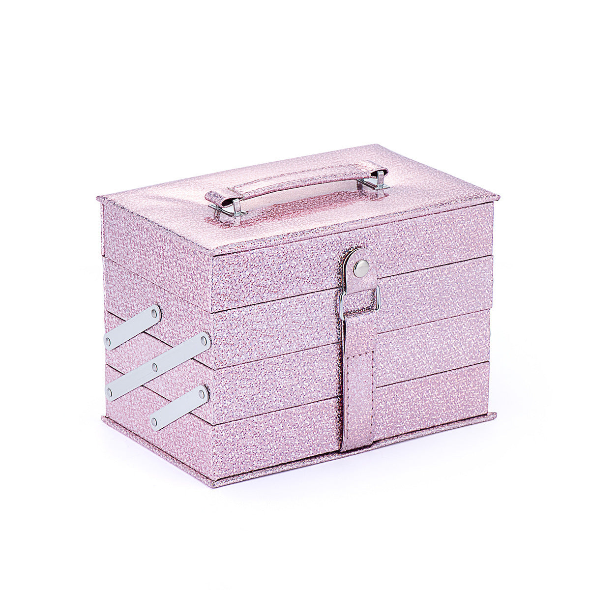 Pink glitter jewelry box with silver accents on a white background