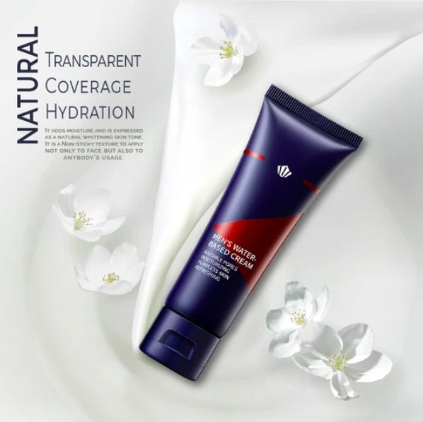 Tube of men's water-based cream with flowers on a light background