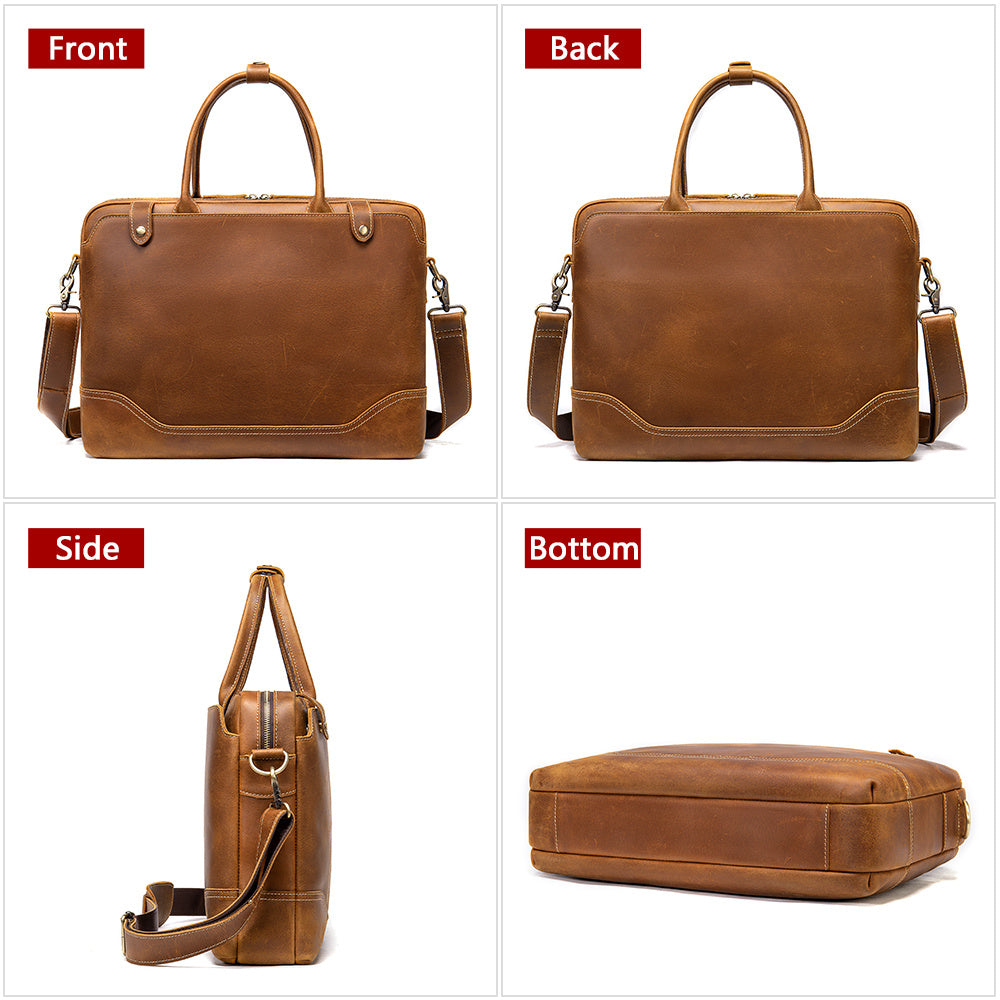 Brown leather briefcase shown from front, back, side, and bottom angles on a white background.