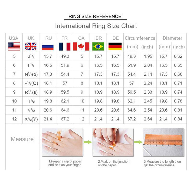 Ring size reference chart with international measurements and a demonstration of measuring ring size.