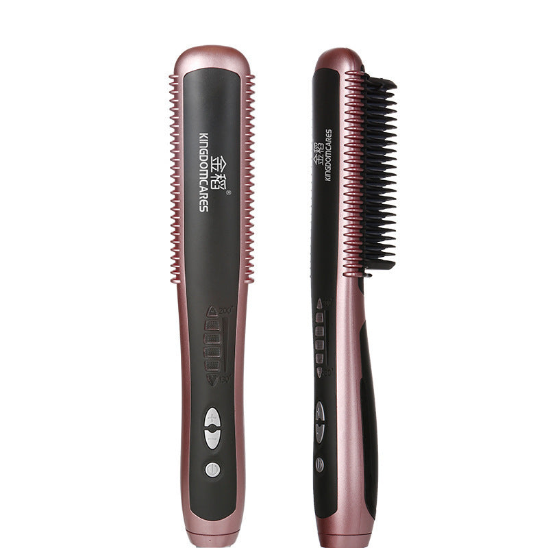Hair straightener and brush set with rose gold and black design on a white background