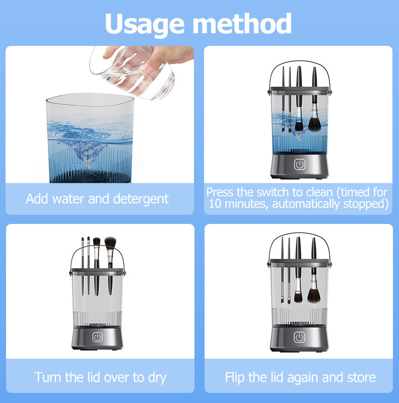 Step-by-step guide on using a cosmetic brush cleaner with images and text instructions.