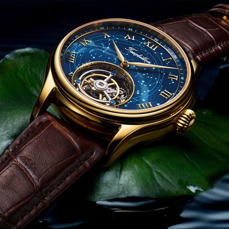 Luxury watch with gold case and brown leather strap on a leaf background