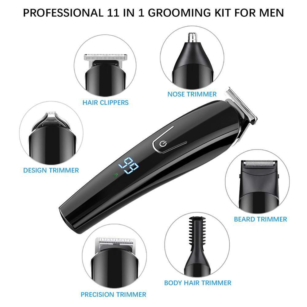 Professional 11-in-1 grooming kit for men with various attachments on a white background.