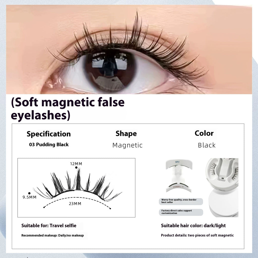 Soft magnetic false eyelashes with product details on a white background