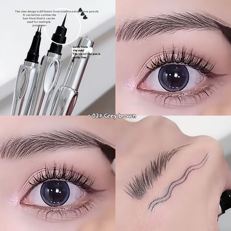 Eyebrow pencil set with close-up shots of eye makeup application on a white background.