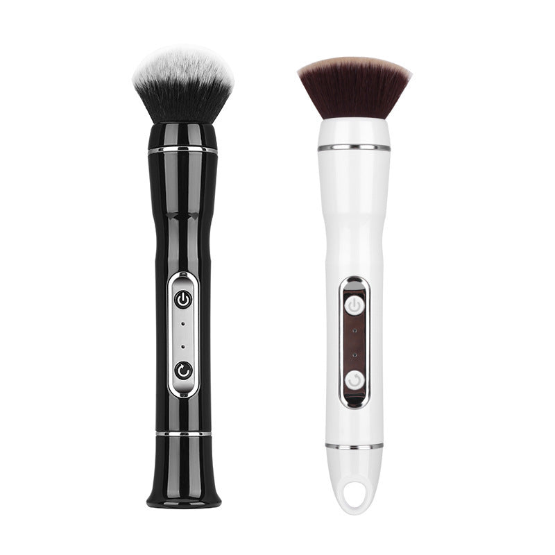 Two electronic makeup brushes, one black and one white, on a white background.