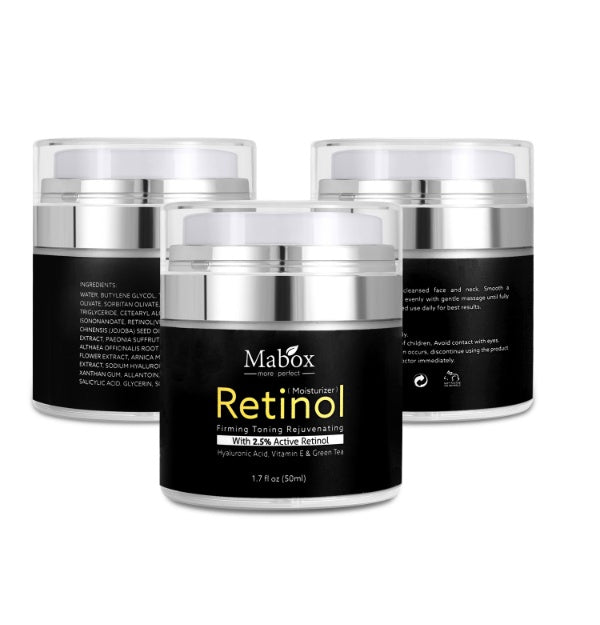 Three jars of Mabox Retinol moisturizer on a white background
