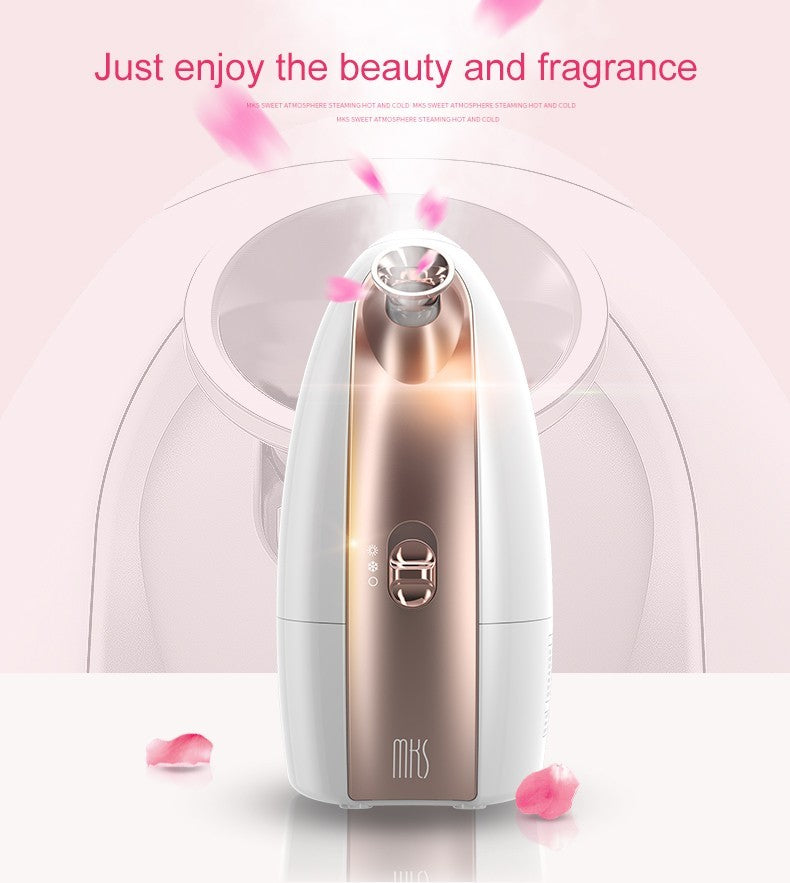 Decorative diffuser with pink flower petals on a light pink background, featuring the brand 'mks'.