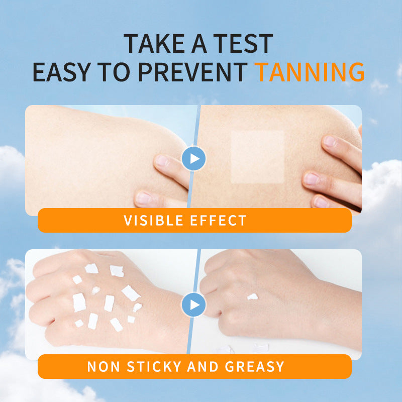 Product advertisement for a tanning prevention method with visible effect and non-sticky, greasy properties.